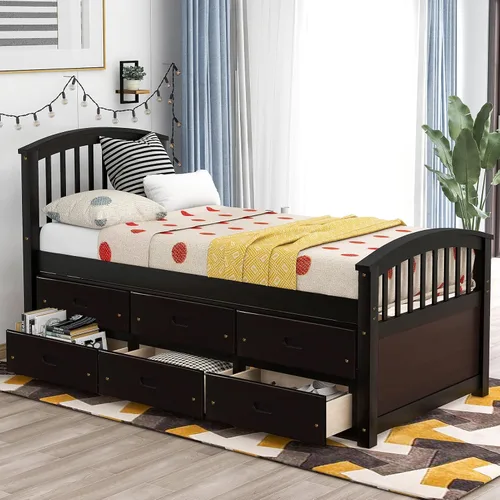 Vista 4 de Cama de almacenamiento de plataforma de tamaño individual, sofá cama de capitán con 6 cajones y base de cama individual con cabecera y estribo