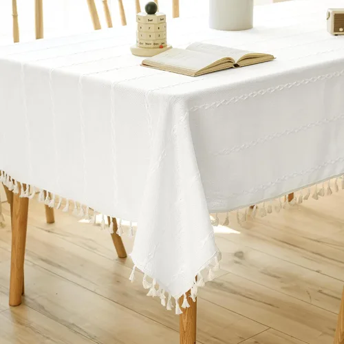 Vista 14 de Mantel rectangular de lino beige crema para comedor y cocina, mantel rectangular de arpillera de lino con borlas, resistente, rústico, campestre