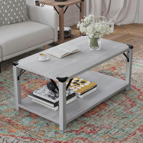 Vista 4 de BizChair Modern Farmhouse - Mesa auxiliar de 2 niveles, marco de madera de ingeniería gris Aspen, soportes laterales entrecruzados de metal negro