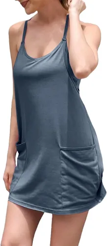 Vista 4 de UNIANKIYA Enterizo de entrenamiento para mujer con pantalones cortos debajo, sin mangas, tirantes delgados, trajes atléticos, trajes casuales