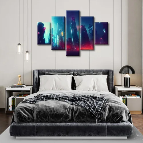 Vista 84 de Cuadros de 5 paneles de Cyberpunk City, arte de pared, representación de vallas publicitarias, edificios modernos en la capital con obras de arte