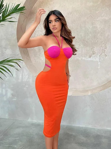 Vista 4 de WDIRARA Vestido midi ajustado de dos tonos para mujer, sin mangas, con dobladillo tipo lápiz, sin espalda, espalda descubierta