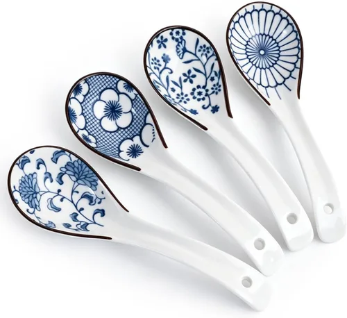 Vista 12 de DOWAN Cucharas de sopa, cucharas de sopa asiáticas de cerámica, cuchara japonesa negra grande para Ramen Pho Wonton Dumpling Miso, diseño de gancho