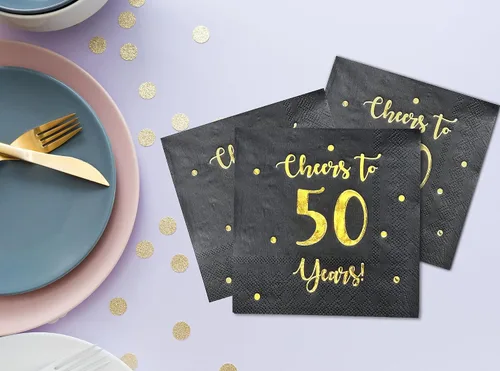 Vista 4 de Servilletas de cóctel de Cheers to 50 años, decoraciones de feliz cumpleaños número 50 para hombres y mujeres, decoraciones de aniversario de boda