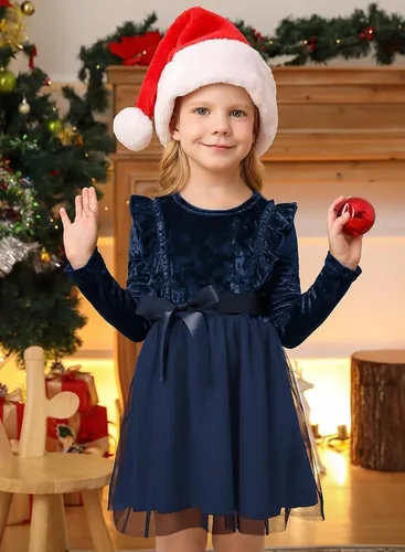 Vista 4 de IIMMER Vestido midi de tul de manga larga con volantes de terciopelo para niñas pequeñas de Navidad