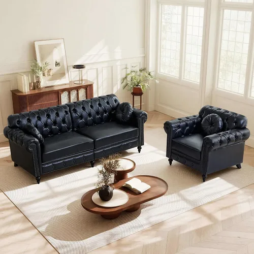 Vista 9 de ORRD Sofá de 2 piezas para sala de estar, silla moderna de piel sintética con respaldo alto, sofá biplaza con botón acolchonado, ribete de cabeza