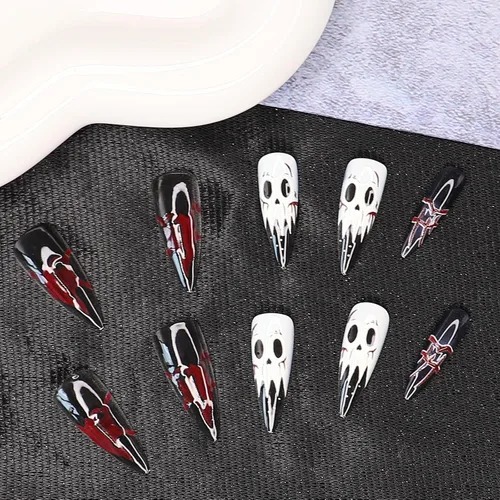 Vista 3 de Paquete de 6 144 uñas acrílicas de Halloween a presión, uñas postizas reutilizables de cobertura completa, uñas postizas adhesivas con pegamento
