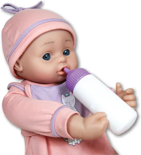 Vista 4 de Lissi: Muñeca Bebé Interactiva Jamie - 15" Gatito Rosa - Que Habla, 5 Sonidos de Bebé, Biberón, Babero, Chupete, Presiona Mano, Pies y Barriguita