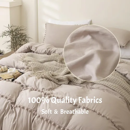 Vista 3 de INFLAG Funda de edredón de tamaño individual con pompones, juego de ropa de cama de microfibra bohemia de 3 piezas, 1 funda de edredón de 66 x 90