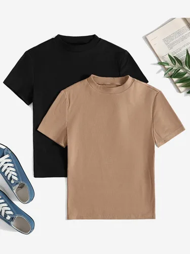 Vista 5 de Verdusa Paquete de 2 camisetas básicas de manga corta con cuello alto falso para mujer