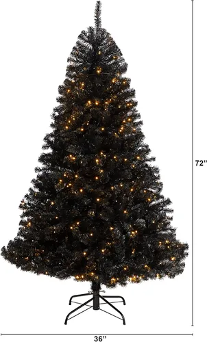 Vista 2 de Nearly Natural Árbol de Navidad artificial negro de 6 pies con 400 luces LED transparentes y 1036 puntas