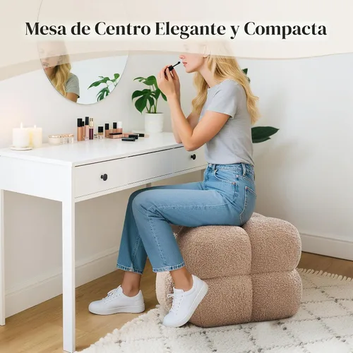 Vista 6 de Taburete otomano cuadrado, mesa de centro otomana Boucle con cobertura completa, taburete de tocador moderno, puf tapizado con reposapiés para Beige
