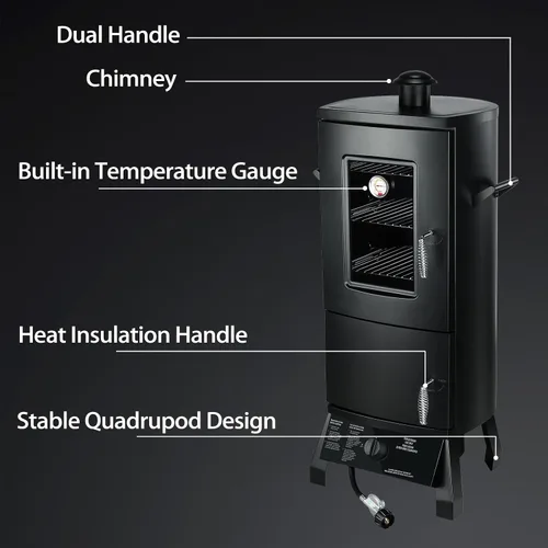 Vista 7 de Ahumador de propano, ahumador vertical con tres estantes extraíbles, parrillas al aire libre y ahumadores con termómetro para barbacoa, patio Negro