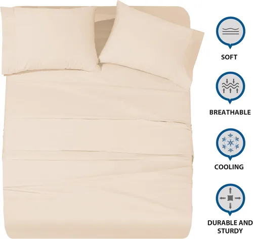 Vista 3 de Shunjie.Home - Juego de sábanas de 100 % algodón para cama individual de 600 hilos, tejido satinado, juego de 3 piezas, bolsillos profundos con Beige
