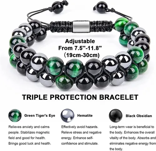 Vista 4 de Pulsera de triple protección de 0.315 in y 0.394 in para mujeres y hombres, pulsera de piedra natural, ojo de tigre natural, obsidiana y hematita
