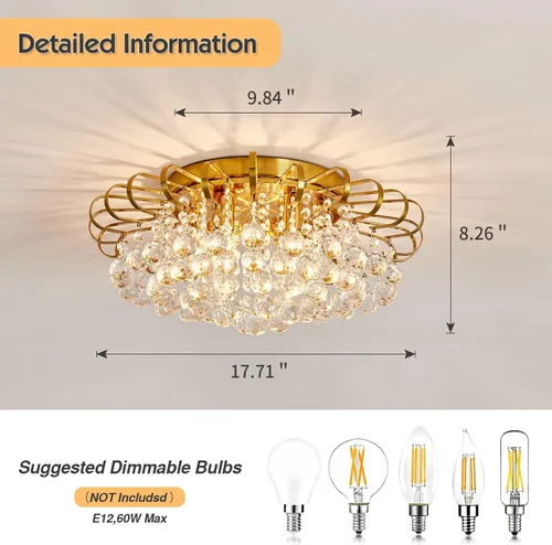 Vista 3 de CVKASH Candelabro de cristal de 4 luces moderno semi empotrado lámpara de techo iluminación de techo para sala de estar, pasillo, comedor, cocina
