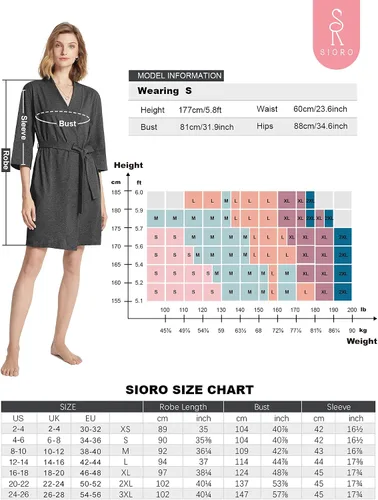 Vista 7 de SIORO Womens 100% Cotton Robe, Knee-Length Bathrobe with V-Neck & 34 Sleeves, Plus Size Loungewear for Sleep, Spa & Shower