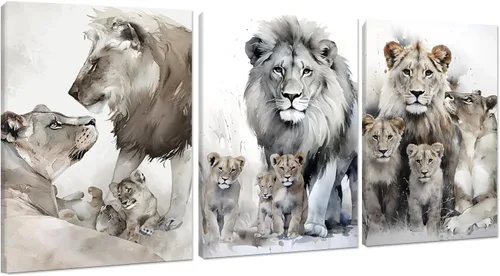 Vista 11 de 3 piezas modernas de lienzo de león de animales salvajes, pinturas de retratos de familia de leones, decoración de pared, obras de arte de sala
