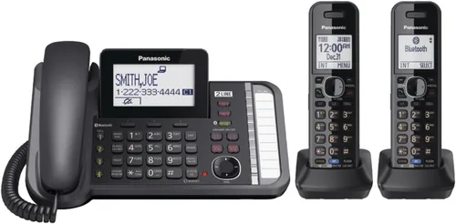 Vista 2 de Panasonic Sistema telefónico con cable de 2 líneas con 2 teléfonos (negro) y KX-TCA430 de ajuste cómodo, auriculares plegables con micrófono