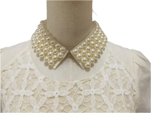 Vista 4 de Vpang - Elegante collar de perlas desmontables con capas de perlas, cuello alto, gargantilla de Peter Pan, collar falso, accesorio de tela, Perla