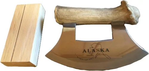 Vista 3 de Cuchillo y soporte de Ulu de asta cultivada de Alaska