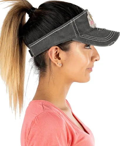 Vista 4 de Funky Junque Gorra de béisbol para mujer, diseño de cola de caballo alta, media visera, ajustable, gorra atlética La vida es una playa - Negro