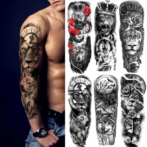 Vista 6 de Kotbs 6 hojas de mangas temporales de tatuaje de tótem tribal grande, diseños realistas de dragón, reloj y vikingo, funda de tatuajes falsos
