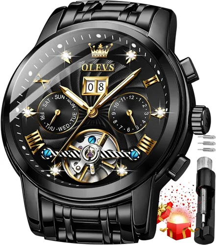 Vista 13 de OLEVS Relojes automáticos para hombre, oro de lujo, vestido de diamantes de cuerda automática, esqueleto mecánico, Tourbillon, reloj de pulsera