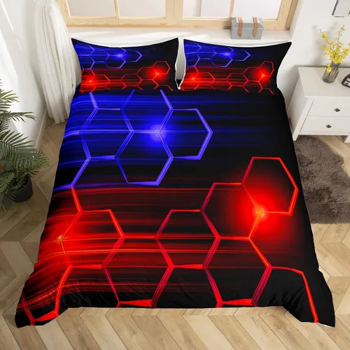 Vista 22 de Feelyou Juego de ropa de cama verde y negro tamaño individual para niños y adolescentes, juego de funda de edredón con temática hexagonal