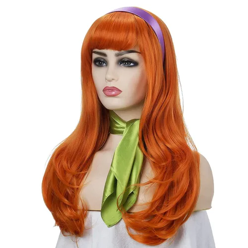 Vista 6 de Peluca naranja con flequillo, peluca larga ondulada para mujer, disfraz de cosplay, Halloween, con diadema morada y bufanda verde