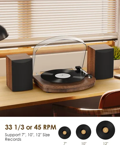 Vista 5 de Reproductor de discos de vinilo con altavoces estéreo duales, tocadiscos de transmisión por correa con entrada Bluetooth, reproducción de 3
