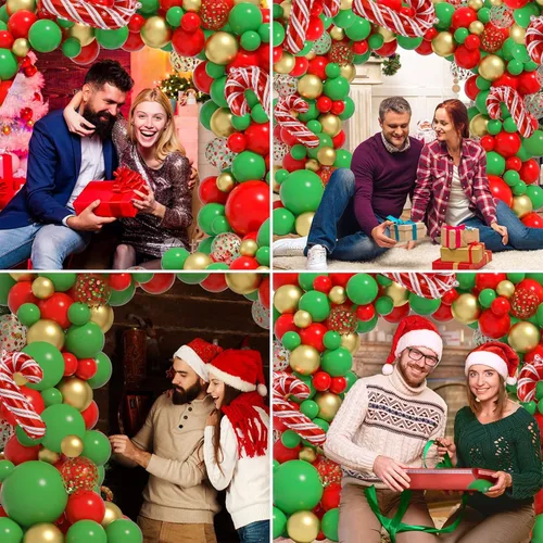 Vista 3 de Kit de arco de guirnalda de globos de Navidad, 116 globos de confeti dorados, rojos y verdes con globo de aluminio de bastón de caramelo