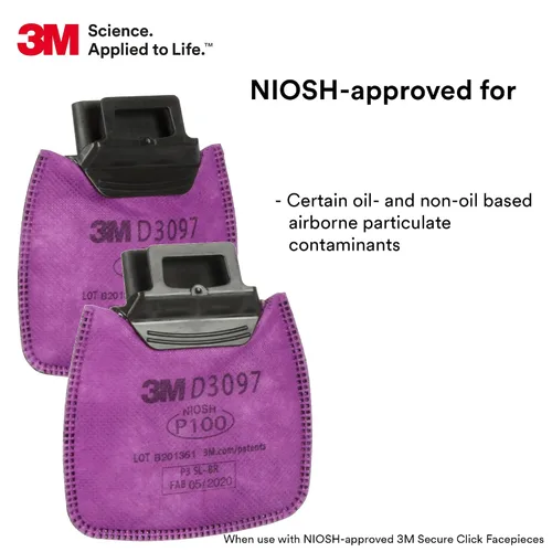 Vista 2 de 3M Filtro para Respirador P100, Clic Seguro D3097 Nivel Molestia de Vapores Orgánicos y Ciertas Partículas de Aceite y No Aceite, Aprobado por