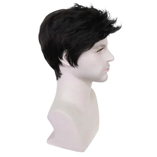 Vista 4 de Peluca negra para hombre, corta, recta, negra, en capas, resistente al calor, reemplazo de pelo sintético Negro