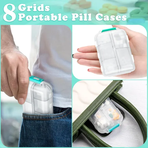 Vista 6 de Meekoo Organizador de pastillas de viaje, 8 unidades, portátil, con bolsillo, contenedor diario, contenedor pequeño, medicina, viajes, con 10 Blanco