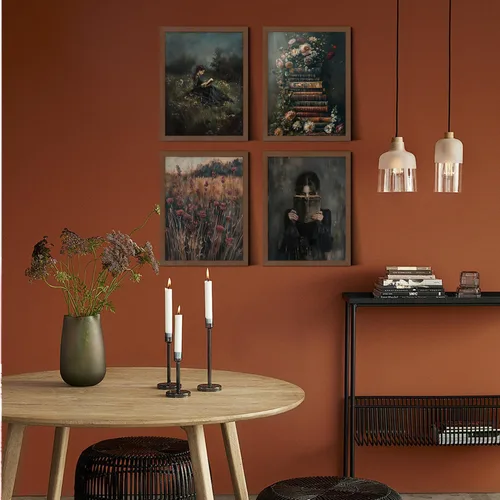 Vista 4 de Unframed Dark Academia Victorian Wall Art Set of 4,Vintage Woman Reading Painting Canvas Prints,Floral Bookshelves,Rustic Field & Antique Book