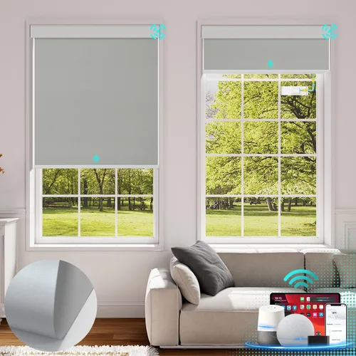 Vista 11 de Persianas eléctricas motorizadas de oscurecimiento con control remoto, panel solar, compatibles con Alexa - Blancas, 20 x 72