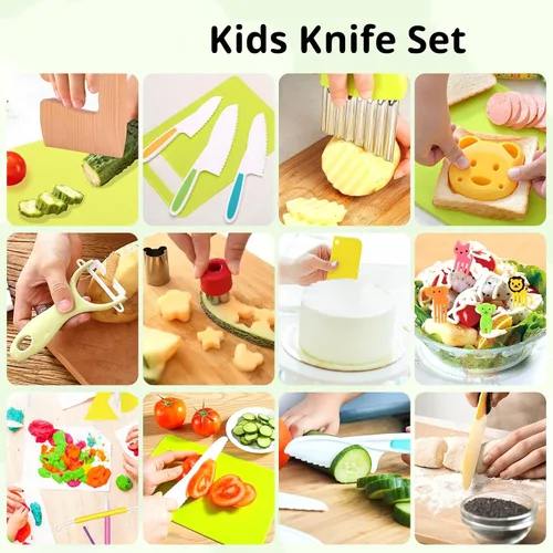 Vista 6 de Juego de 23 piezas de cuchillos para niños para cocina real, juguetes de cocina Montessori para niños pequeños, juego de cuchillos para niños