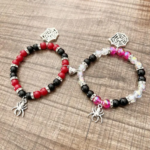 Vista 6 de Spider Matching Beads Bracelets for Women Red Heart Energy Stone Spider Web Bracelet Relationship Promise for Best Friends Couple Halloween Jewelry