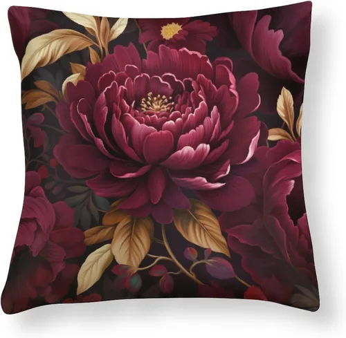 Vista 9 de Fundas de cojín de satén elegantes, decorativas florales burdeos, suaves y lujosas, elegantes fundas de almohada de terciopelo floral para sofá
