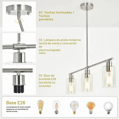 Vista 5 de Lámpara de araña de níquel cepillado de 3 luces, luz colgante de cristal transparente para cocina Plateado