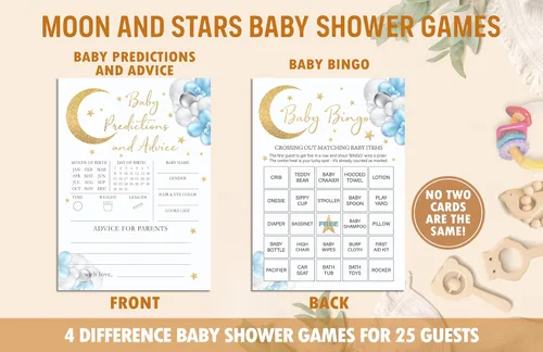 Vista 3 de Moon Stars - Juego de juegos para baby shower, 4 juegos incluye Word Scramble, Oh Baby, predicciones y consejos, bingo, 50 tarjetas de doble cara