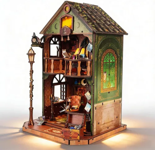 Vista 9 de Book Nook - Kit de casa en miniatura, rompecabezas de madera 3D, casa de muñecas con luz y herramientas, inserto creativo para estantería, regalos