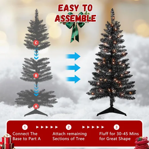 Vista 6 de Liguanow Árbol de Navidad artificial de 4 pies completamente negro con luces separadas, no preiluminado, mini árbol de Navidad de oropel negro, 50