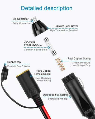 Vista 4 de ALITOVE Cable de extensión para encendedor de cigarrillos de 12 AWG, 12 pies, 30 A, 360 W, máximo, cable de alimentación resistente, enchufe macho a