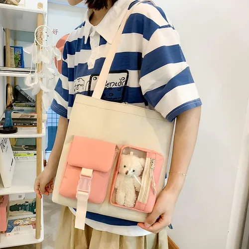 Vista 3 de Mochila de viaje para mujer, 5 unidades, diseño de oso con diseño de dibujos animados, alfileres de alta capacidad, ligero, kawaii, preppy, mochila