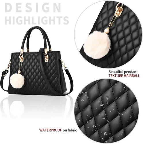 Vista 4 de Bolsos de cuero para mujer con asa superior acolchado bolsa de hombro para mujer con pompón
