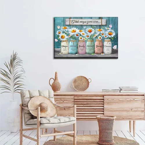 Vista 7 de Lienzo floral enmarcado, arte para la pared, con versículos de la Biblia, con texto en inglés "God Says You are", póster de flores de margarita