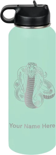 Vista 77 de LaserGram Botella de agua personalizada, serpiente de cobra, acero inoxidable de doble pared aislada al vacío con popote superior, regalo grabado