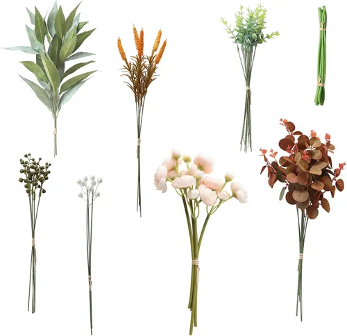 Vista 20 de Juego de tallos de follaje artificial, 59 piezas con 7 tipos de flores de follaje sintéticas para manualidades, ramos de novia, arreglos florales